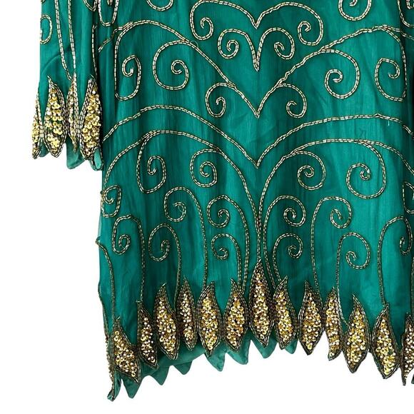 Carina Vintage Silk Top Tunic Women’s XL Beading Sequins Pearls Scalloped Trim - Picture 4 of 9
